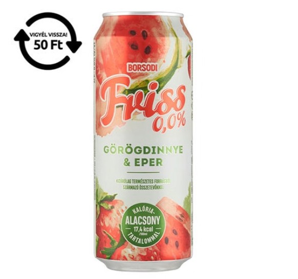 Borsodi Friss 0,0% görögdinnye-eper ízű ital és alkoholmentes világos sör keveréke 0,5 l