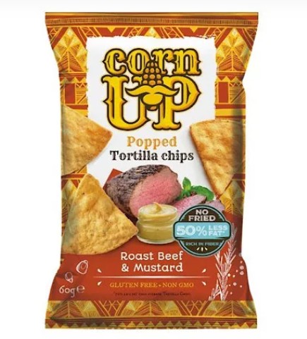 Corn Up, teljes kiőrlésű sárga kukorica Tortilla chips, marhahús és mustár ízesítéssel, 60g