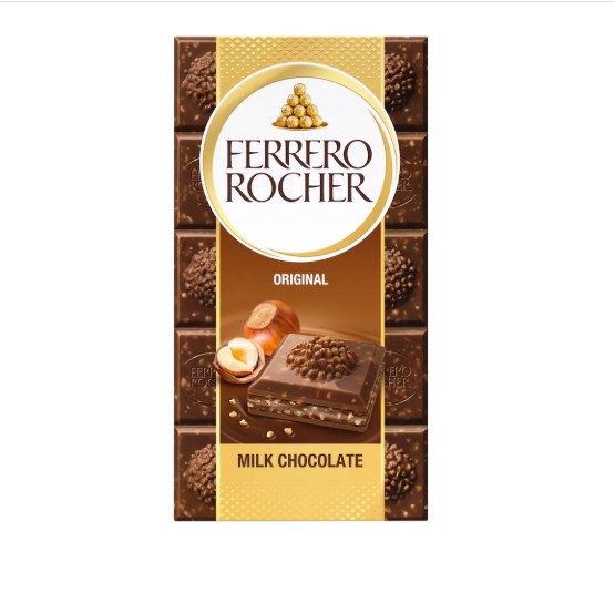 Ferrero Rocher Milk táblás tejcsokoládé mogyorós töltelékkel és mogyoródarabkákkal 90 g